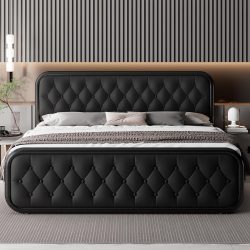 Feonase King Size Bed Frame, Upholstered Bed Frame with Faux Leather Headboard, Heavy Duty Platform Bed with Strong Metal Slats, 12 Inch Under-Bed Storage, Noise-Free, Easy Assembly, Black