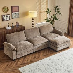 Karl home Sectional Sofa Modular Deep Seat Sofa Couch with Ottoman, Chenille Sofa Sleeper Comfy Upholstered Furniture for Living Room, Apartment, Studio, Office, (3-Seat & 1-Ottoman, Light Brown)