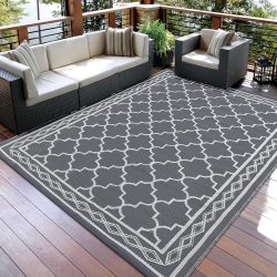 Outdoor Rug 5x8 Waterproof Outdoor Plastic Straw Rug for Patio Reversible Portable Plastic Straw Rug Indoor Outdoor Carpet for Porch, Deck, Backyard, Balcony, Grey/White(Geometric)